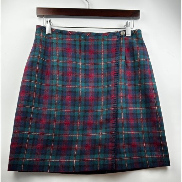 Vtg Eddie Bauer 90s Wool Plaid Wrap Skirt Green Red Tartan Preppy Academia Sz 6 - Picture 2 of 10